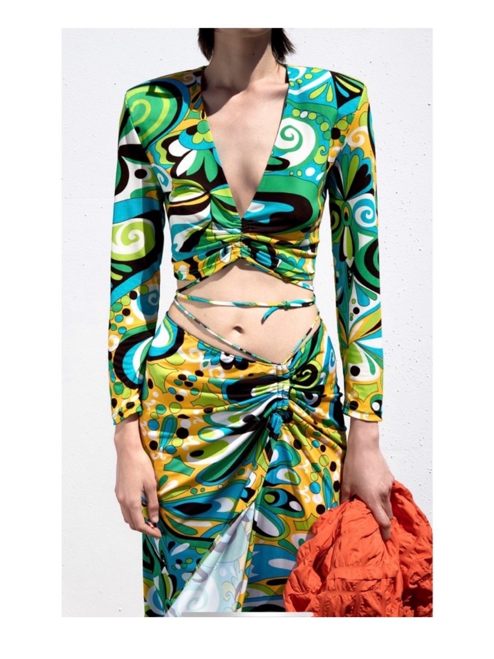 Zara Green, Yellow, Teal & Black Abstract Print Skirt Set